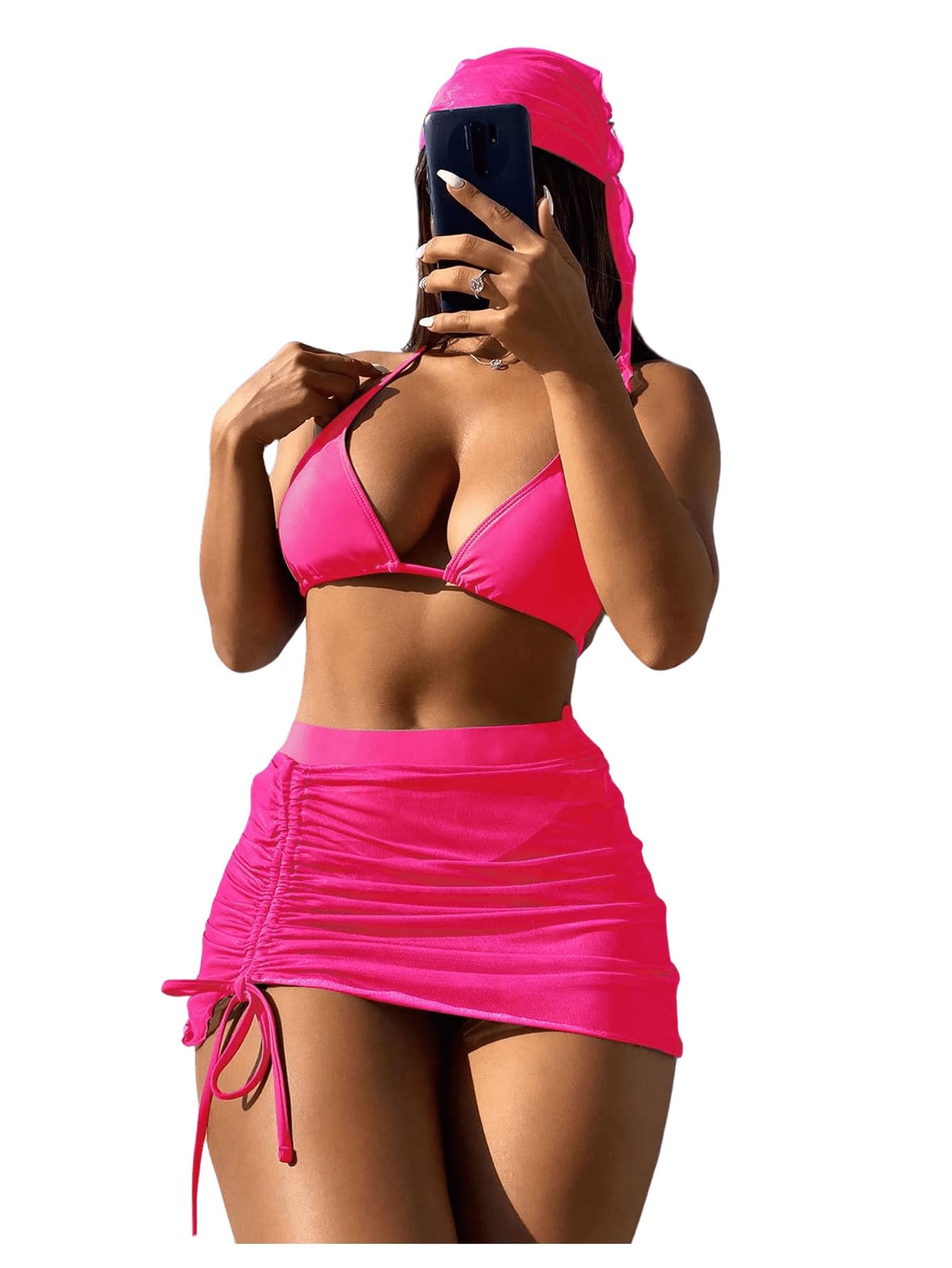 Person wearing a pink bikini and matching cover-up on a white background