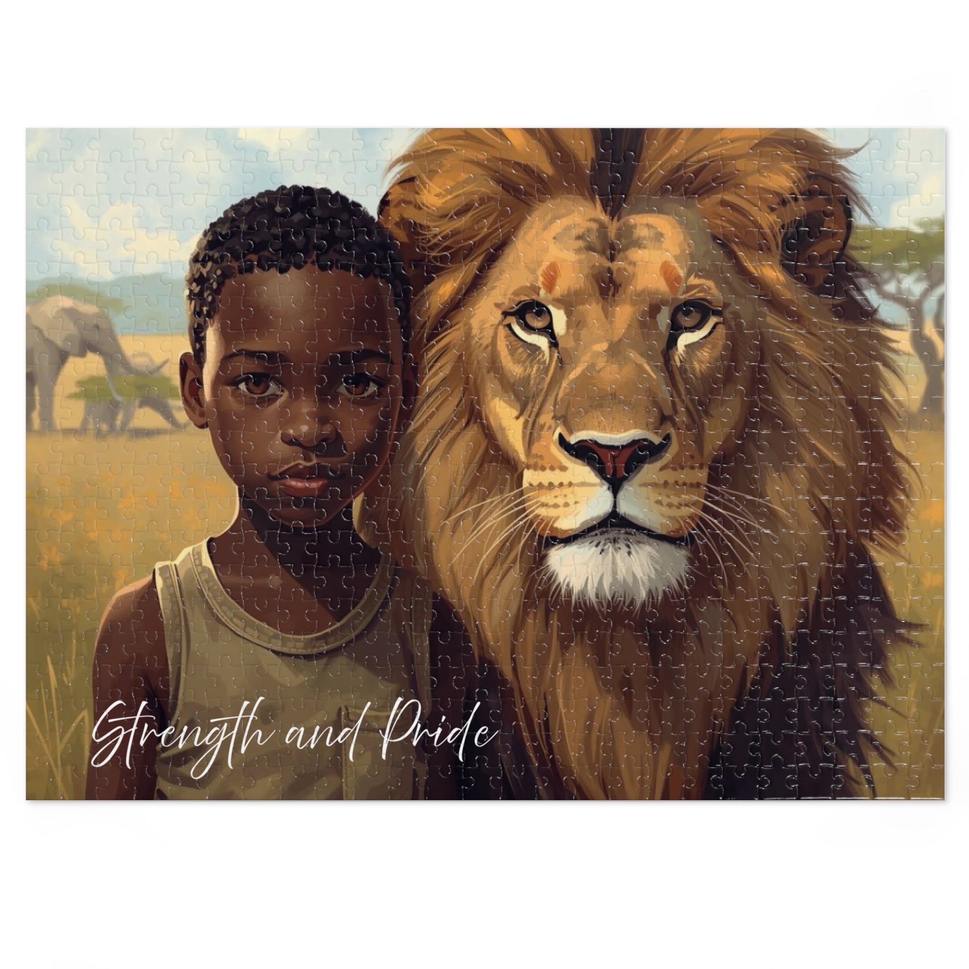 Illustration of a boy and a lion with 'Strength and Pride' text, set against a savanna background.