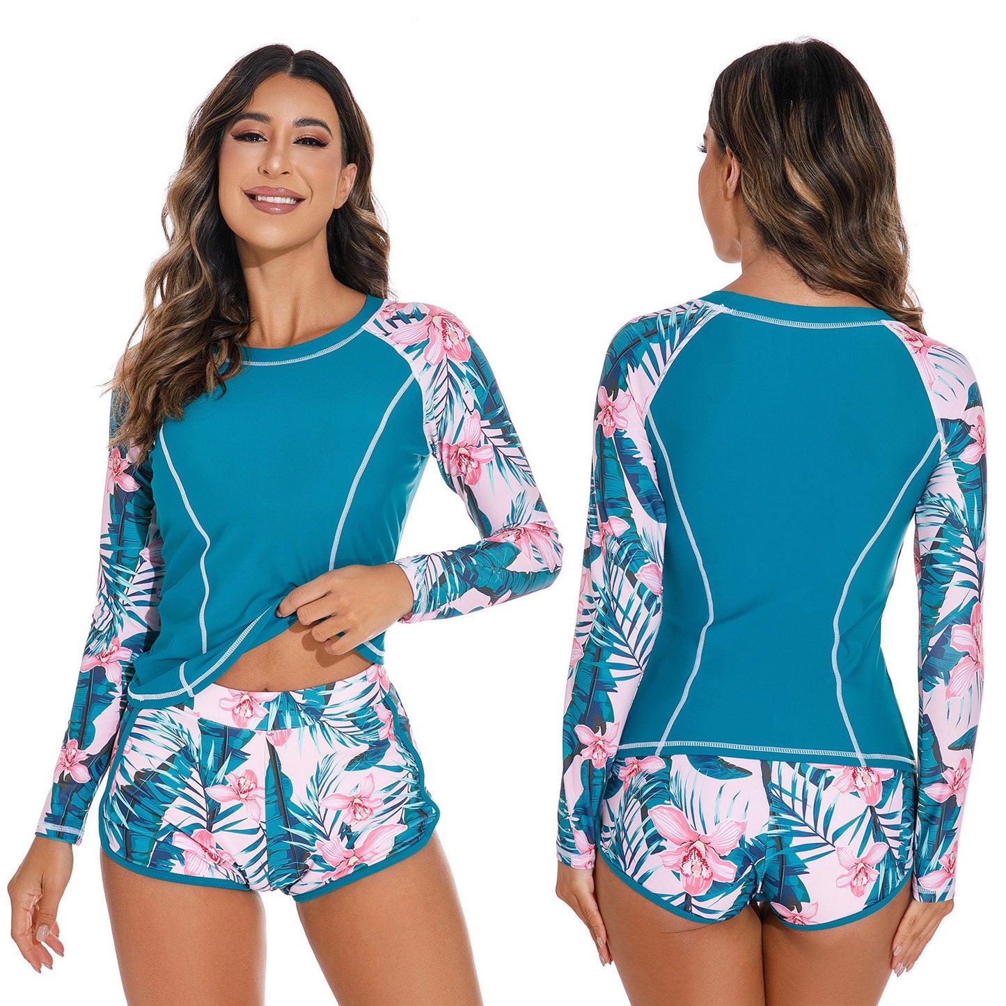 Long‑sleeved peacock‑blue pullover swimsuit top paired with matching bottoms, displayed in a studio product photo against a plain background.