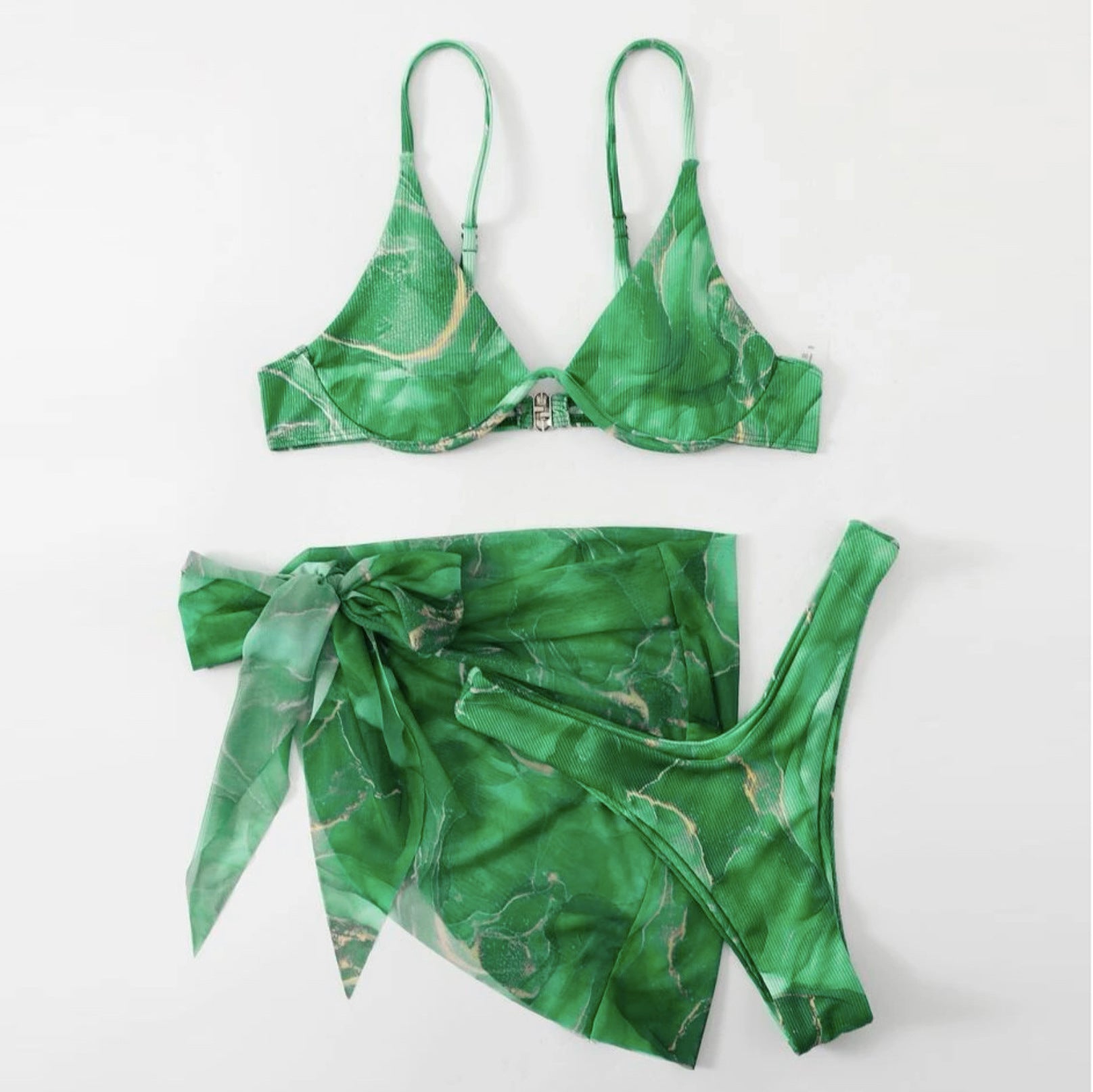 Marble print three‑piece bikini with triangle top, high‑waist bottoms, and matching cover