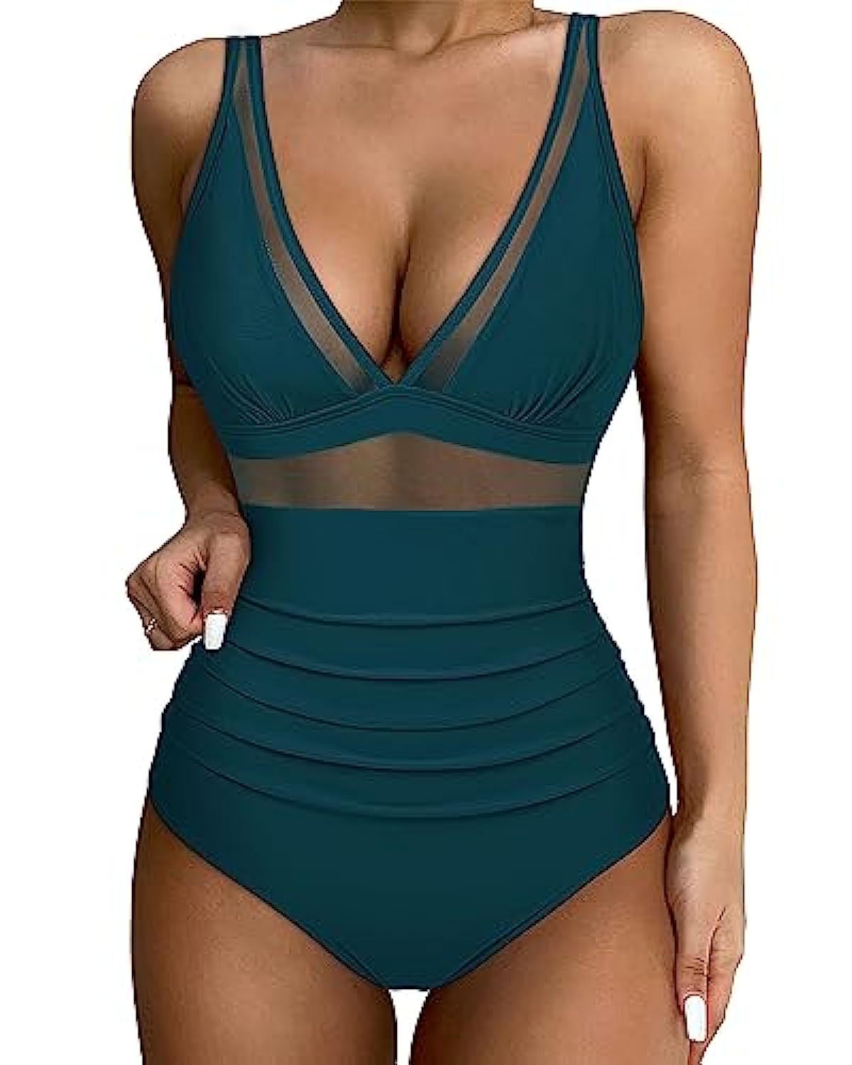 High‑waisted one‑piece swimsuit with mesh detailing, displayed on a clean studio background.