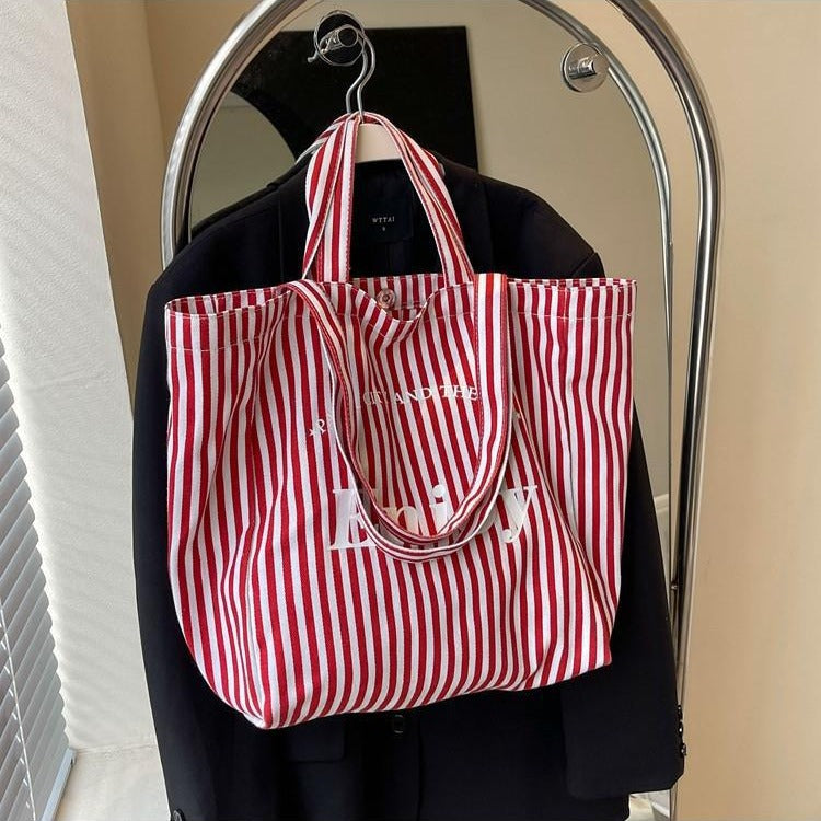 Women's Colorful Red Stripe Canvas Tote Bag Large Capacity Shoulder Tote Handbag