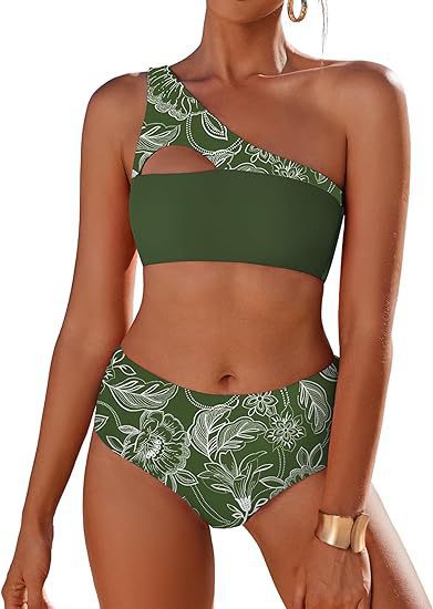 Two-piece high-waisted bikini with single-shoulder top in fragmented floral print.