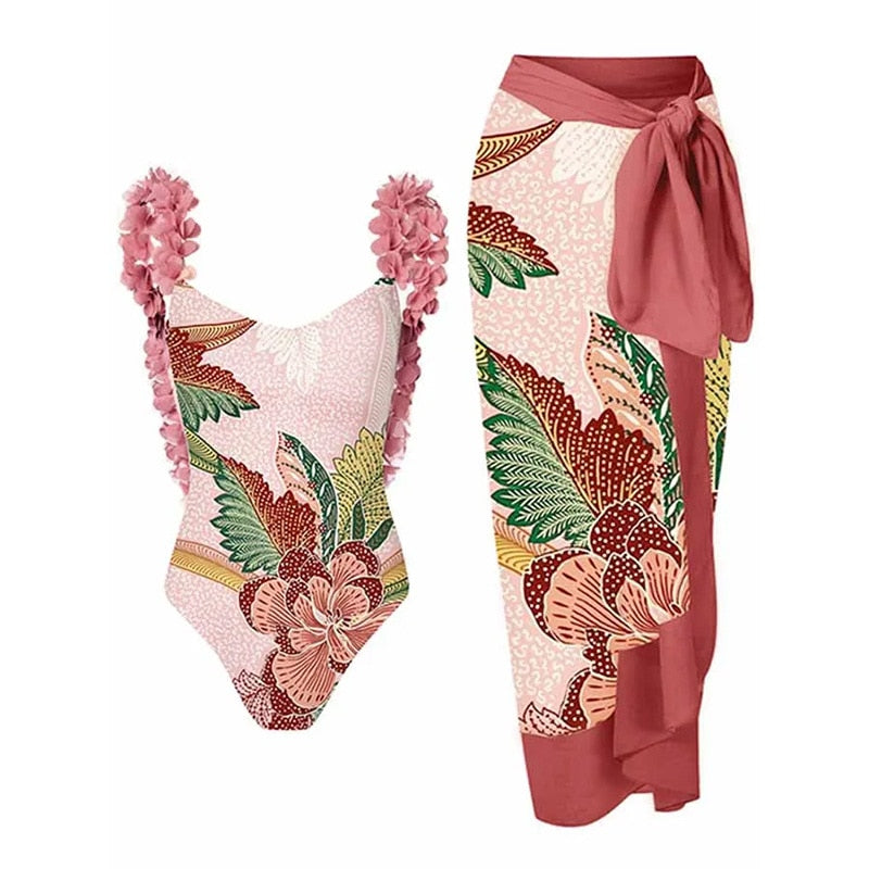 One piece bikini set with floral design on a white background