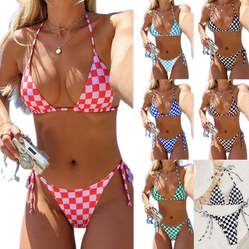 Checkered Lace-up Split Bikini swimsuit