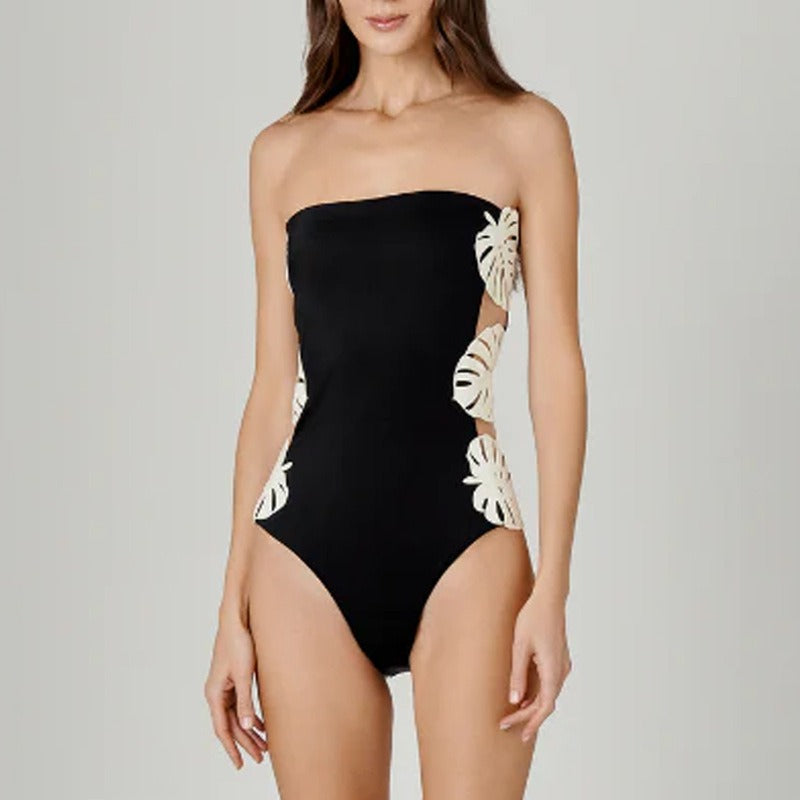 Flirty Black and White Strapless Leaf Patchwork Swimsuit Set