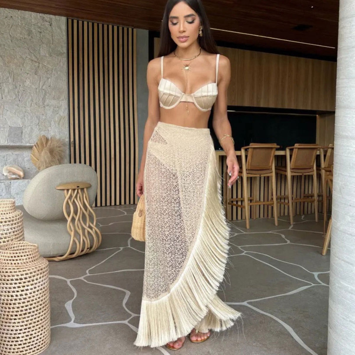 Radiant Split Style Tassel Beach Swimsuit Set