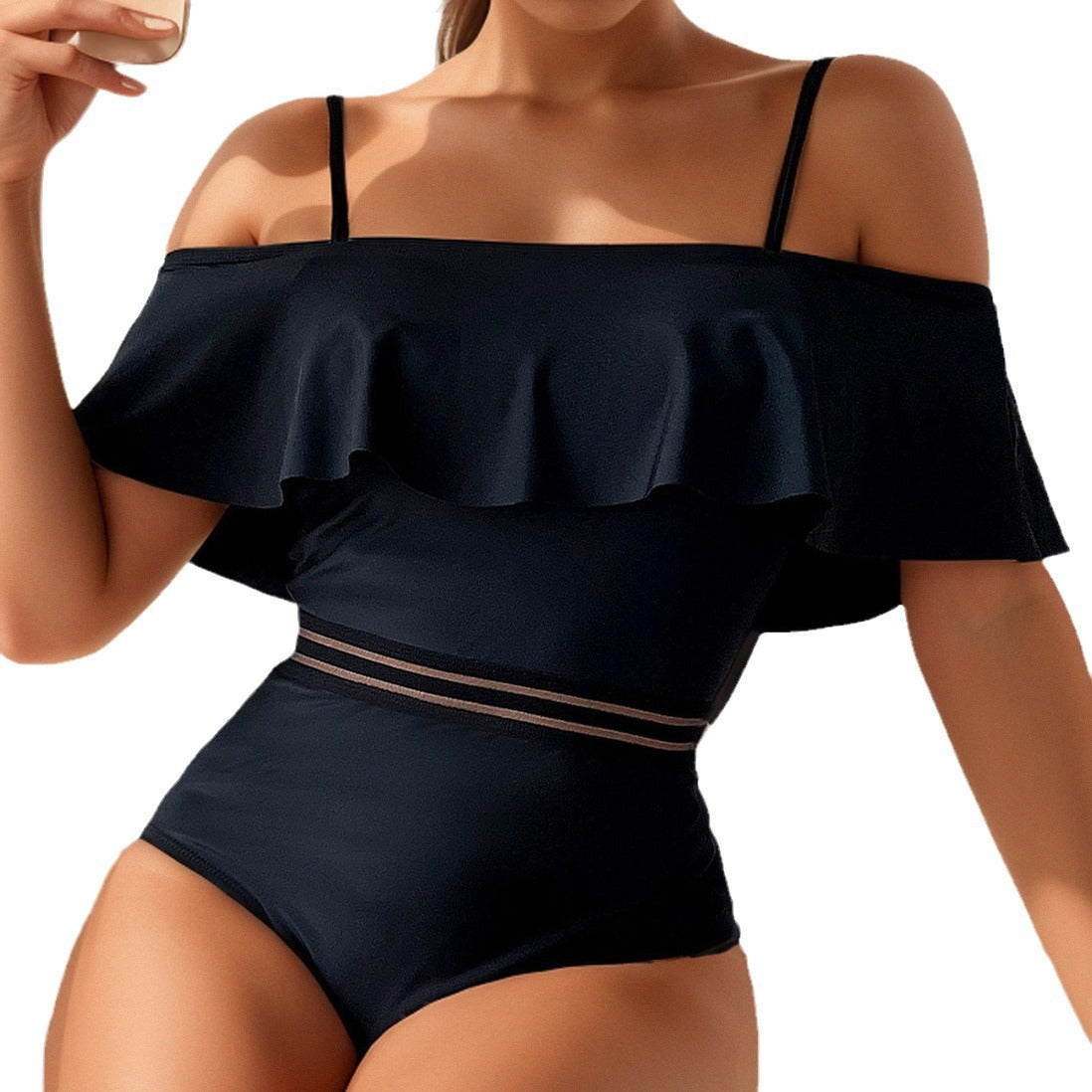 Off‑the‑shoulder one‑piece swimsuit