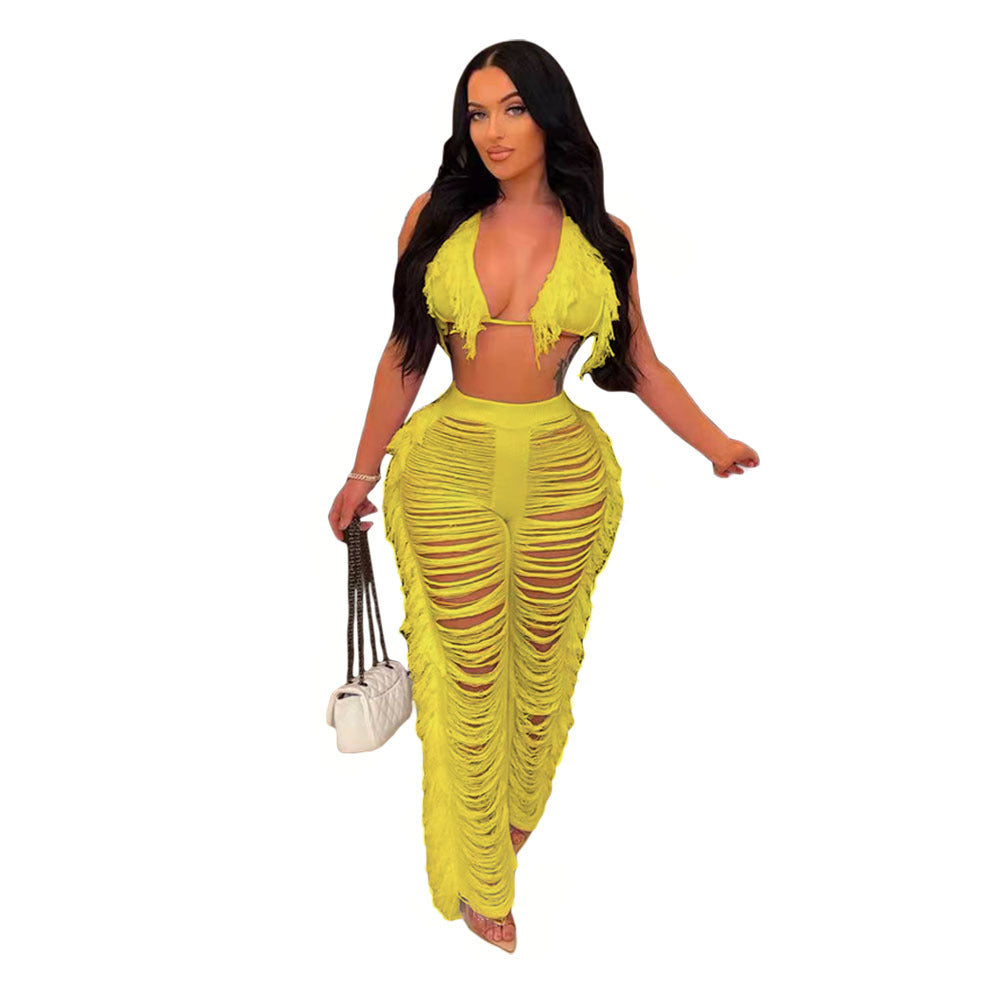 Frilly Knit Fringe Beach Cover-up Set