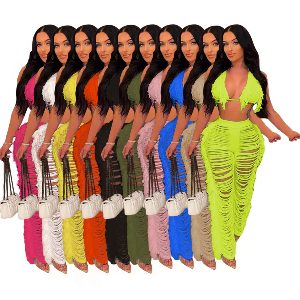 Frilly Knit Fringe Beach Cover-up Set