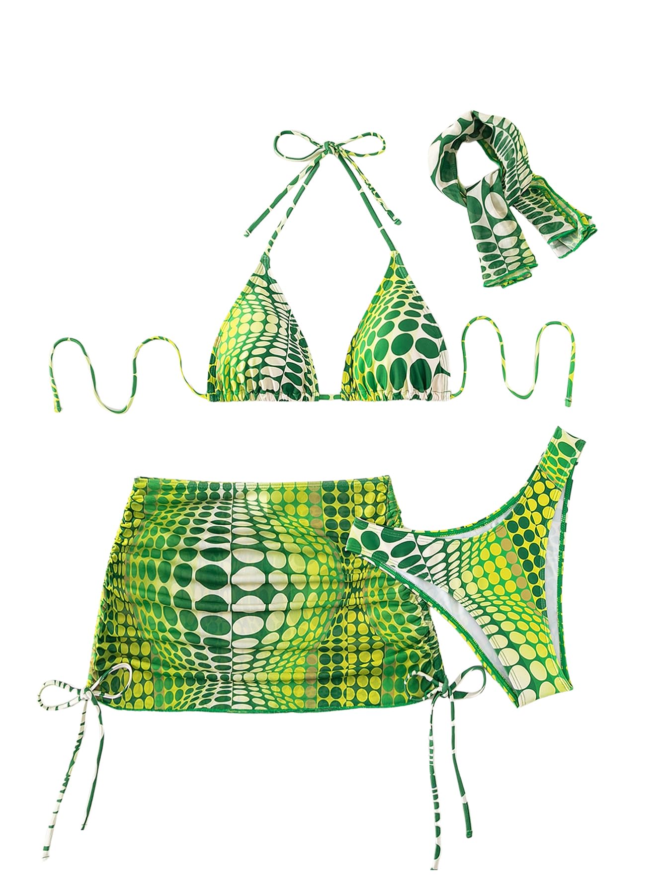 Green and white patterned bikini set with matching accessories on a white background