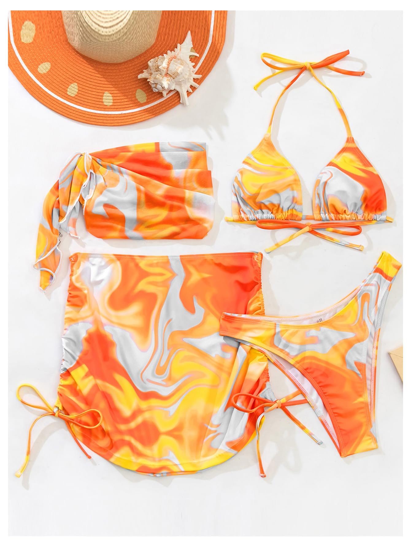 Orange and white marbled swimsuit with matching hat on a white background