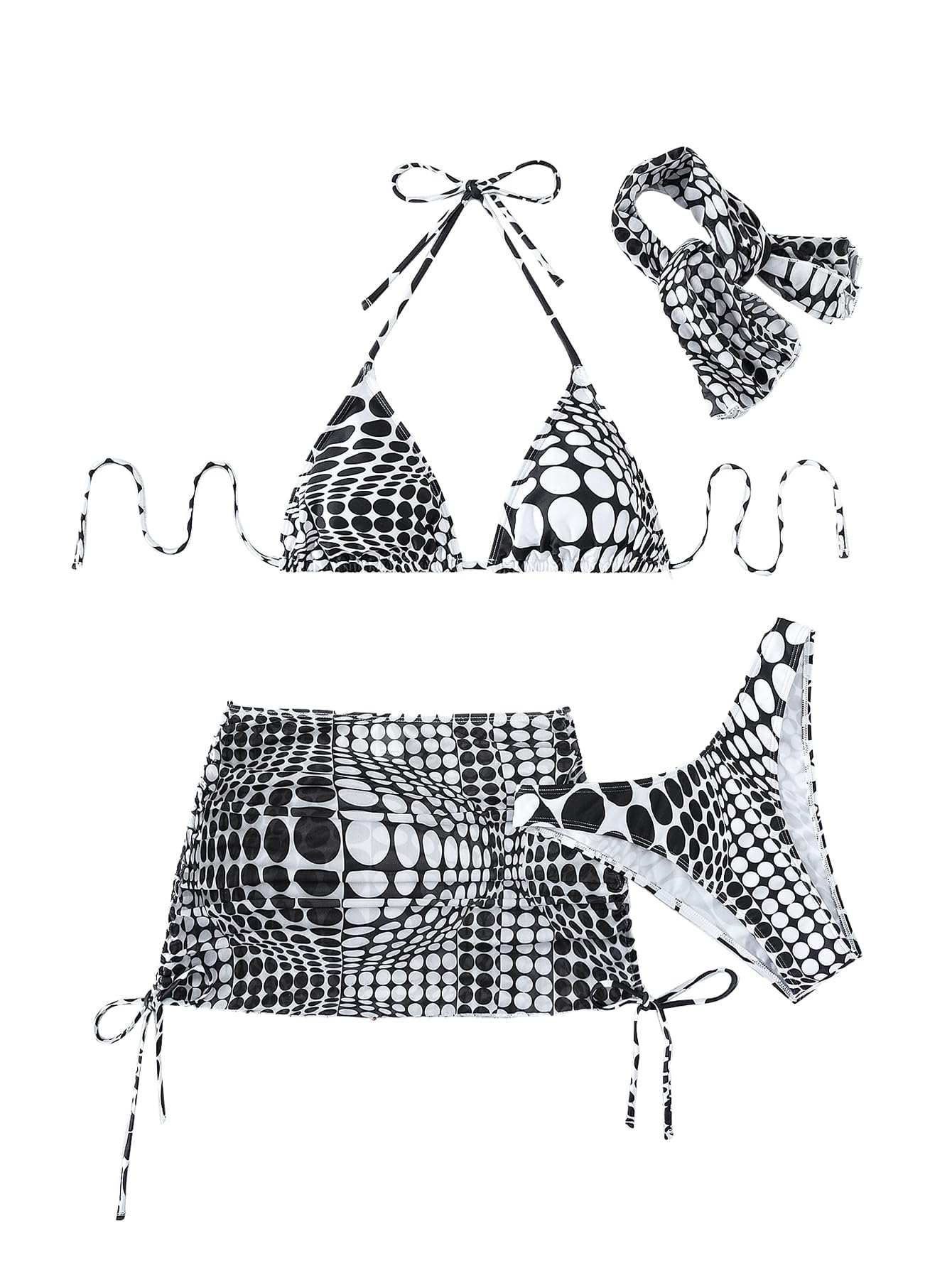 Black and white patterned bikini set with matching accessories on a white background