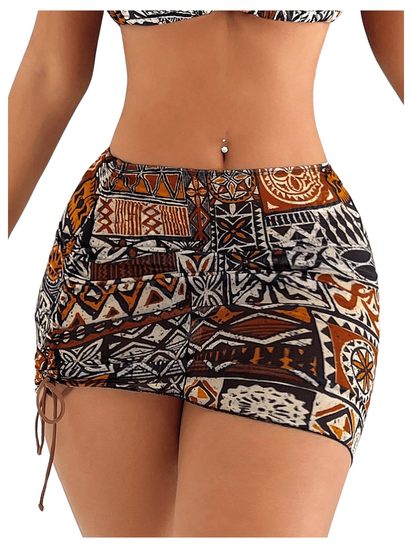 Patterned skirt worn by a person on a white background