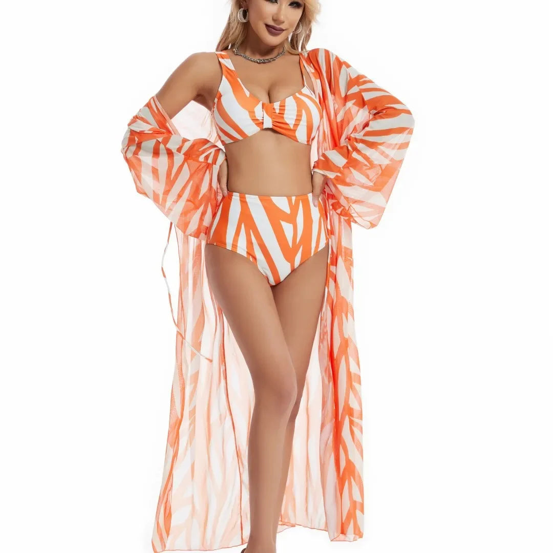 Orange Cream Stripe Printed Beachwear