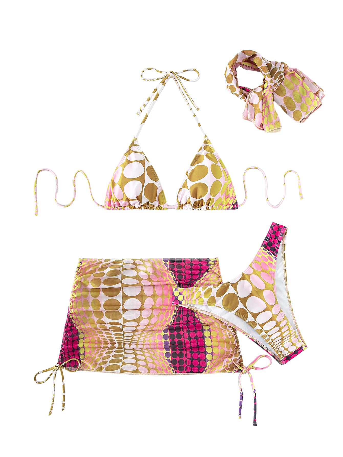 Colorful bikini set with matching accessories on a white background