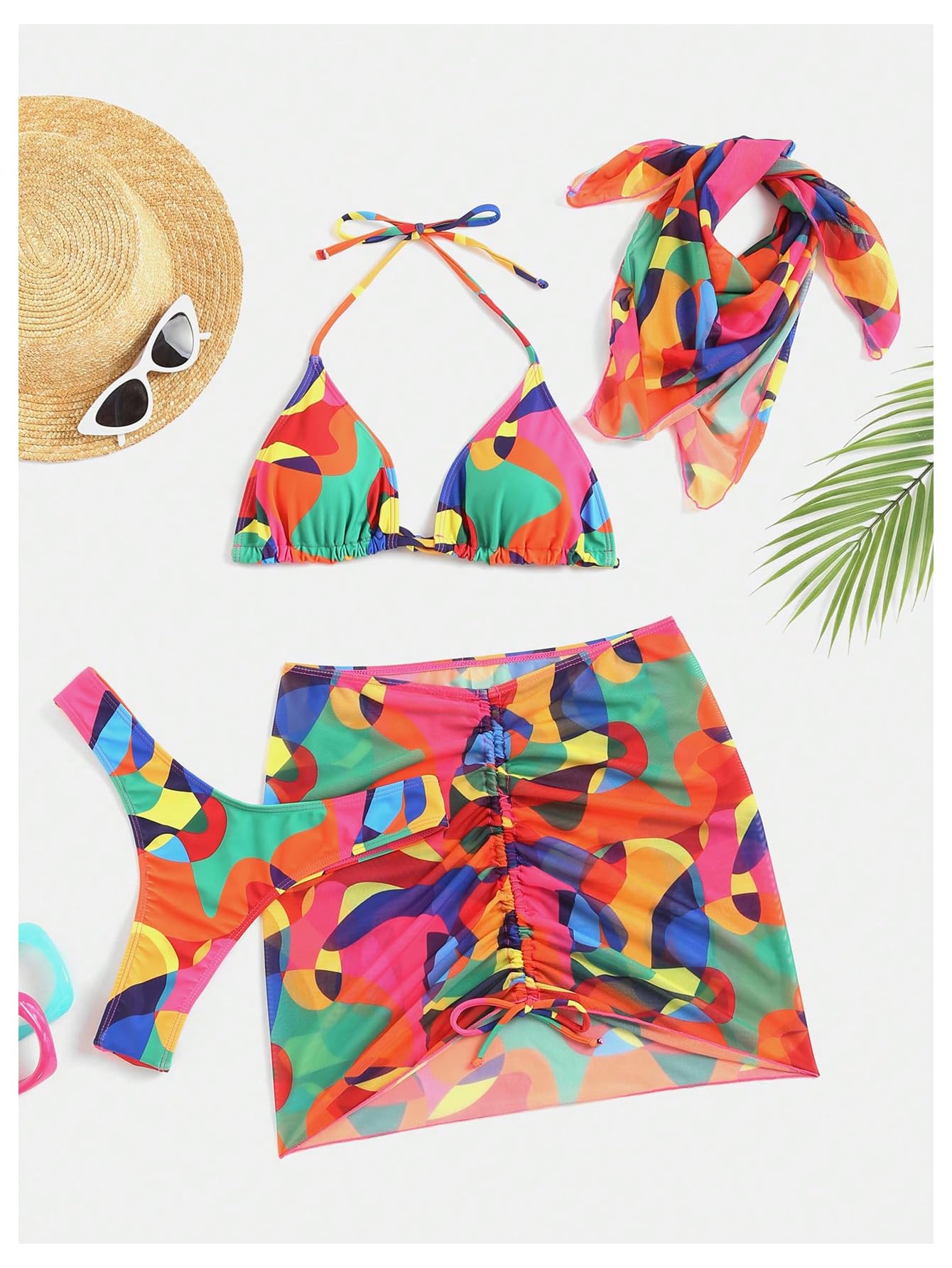 Colorful bikini set with matching scarf and hat on a white background