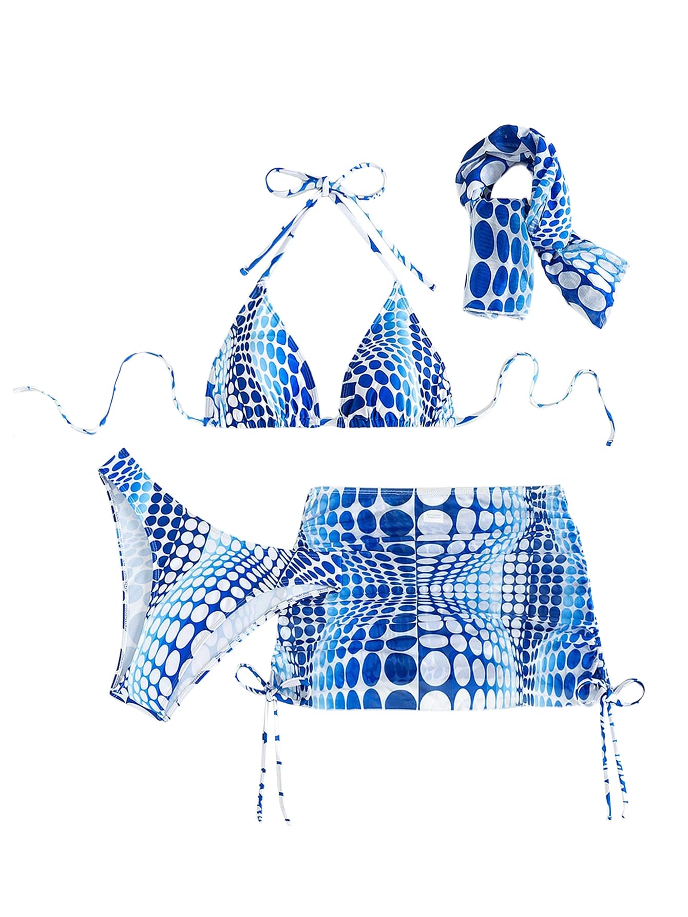 Blue and white patterned bikini set with matching scarf on a white background
