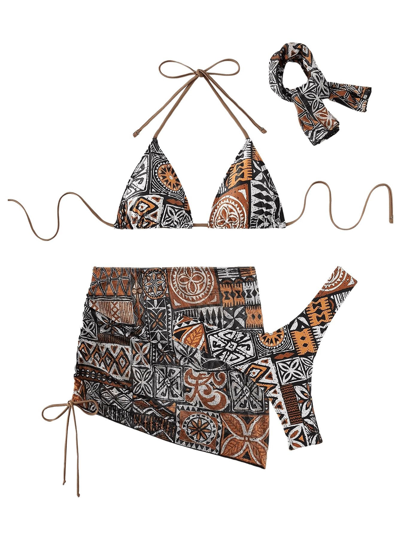 Patterned bikini set with matching headband on a white background