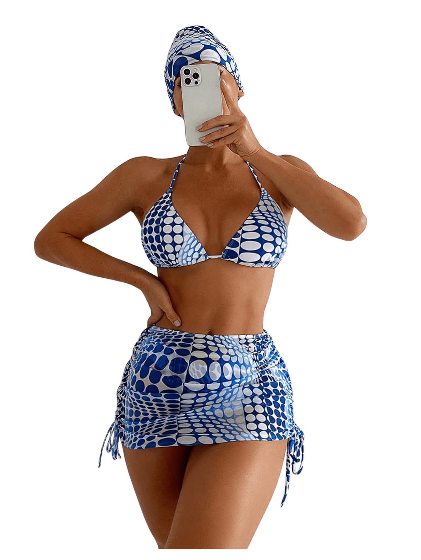 Person wearing a blue and white patterned bikini set on a white background