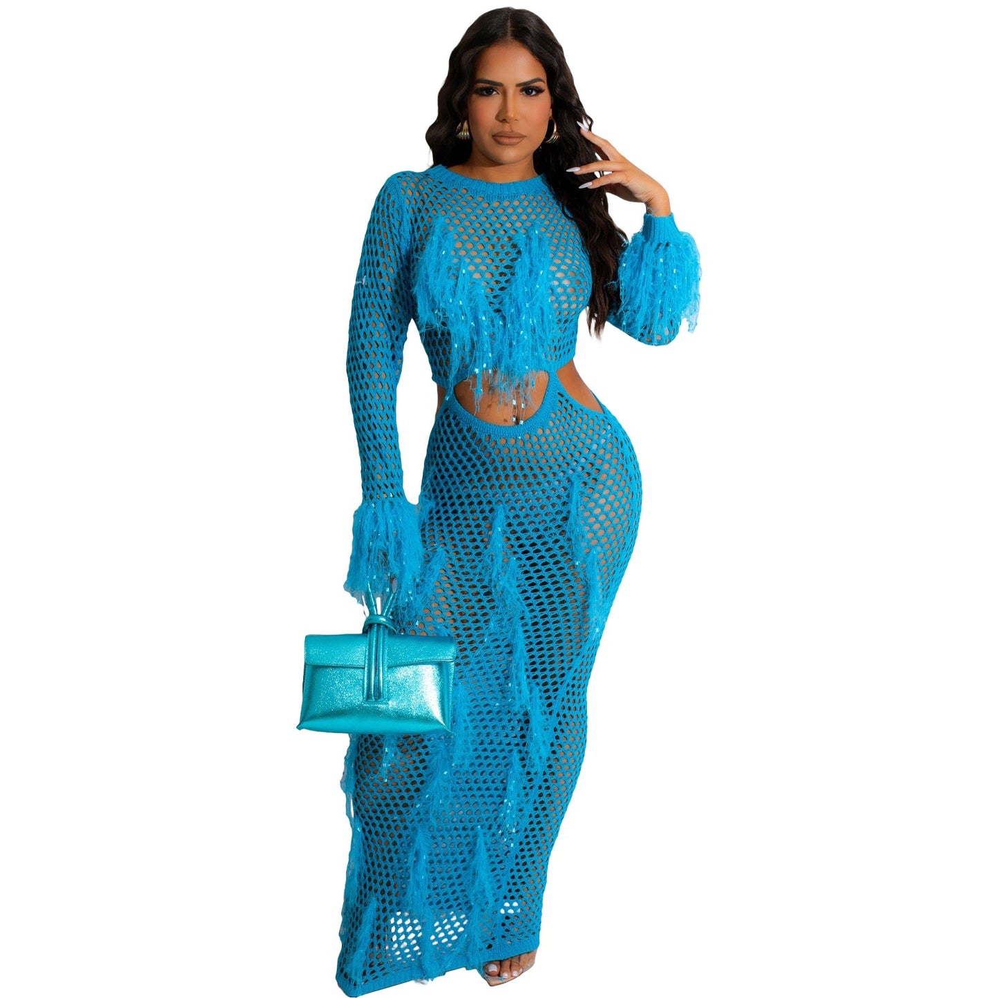Woman wearing a blue mesh outfit on a white background sold at PeachyBeanz