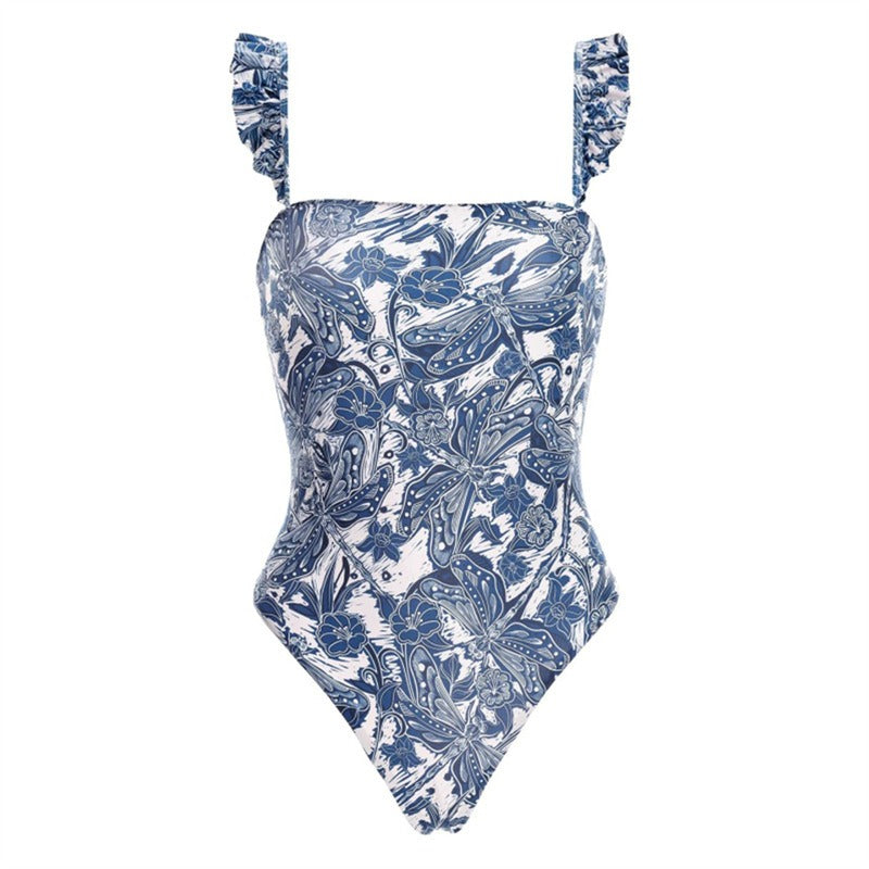 Blue floral swimsuit on a white background