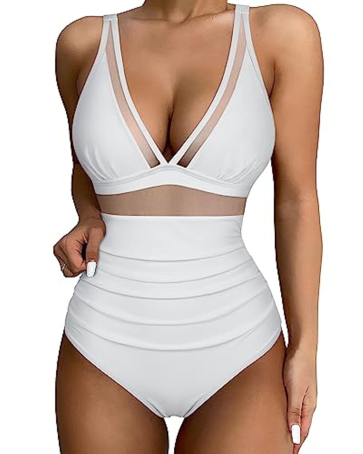 High‑waisted one‑piece swimsuit with mesh detailing, displayed on a clean studio background.