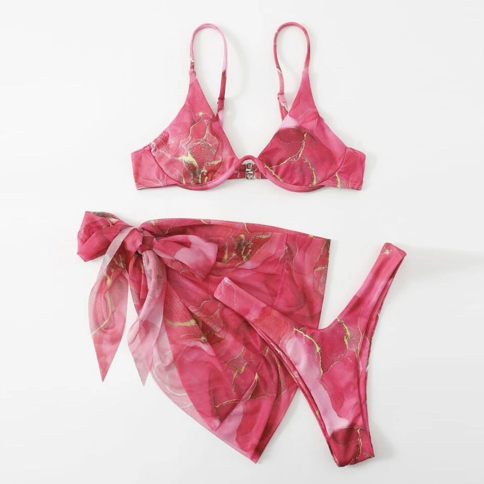 Marble print three‑piece bikini with triangle top, high‑waist bottoms, and matching cover