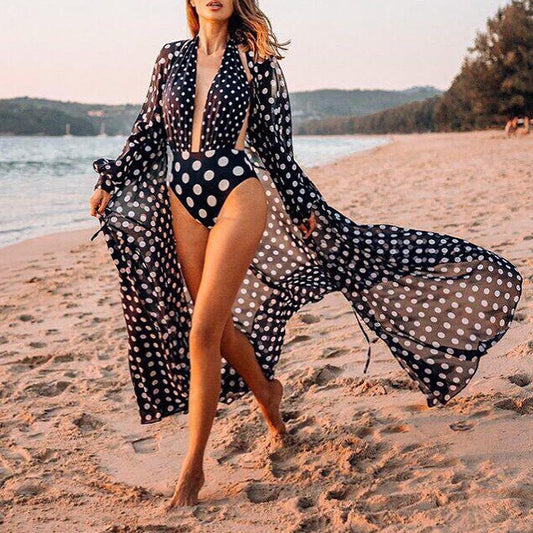 Polka Dot swimsuit cover-up robe sold at PeachyBeanz.