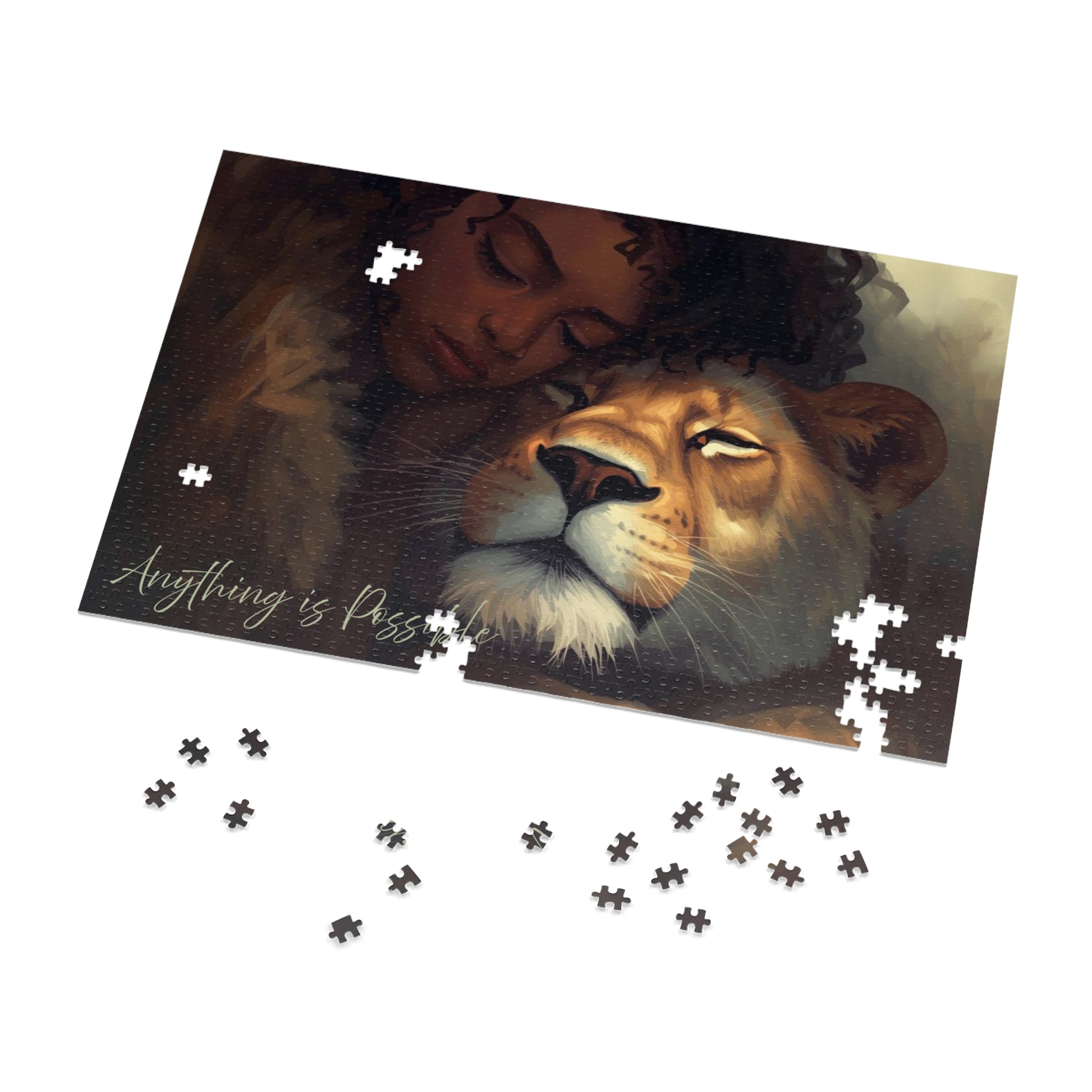 Jigsaw puzzle with a woman and lion illustration, partially completed with missing pieces.