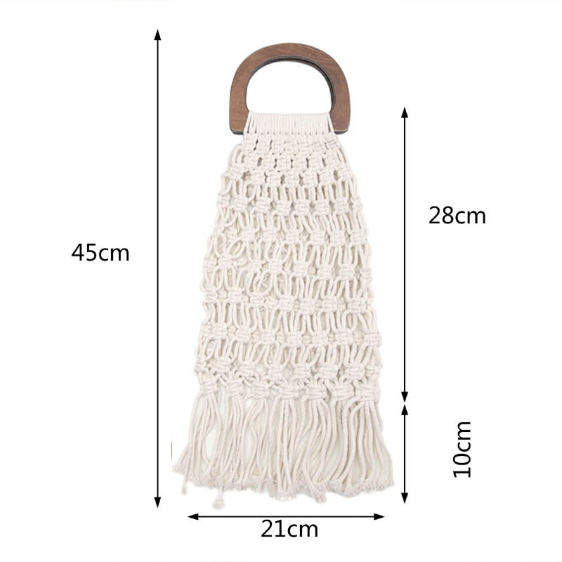 White woven handbag with wooden handles size chart.