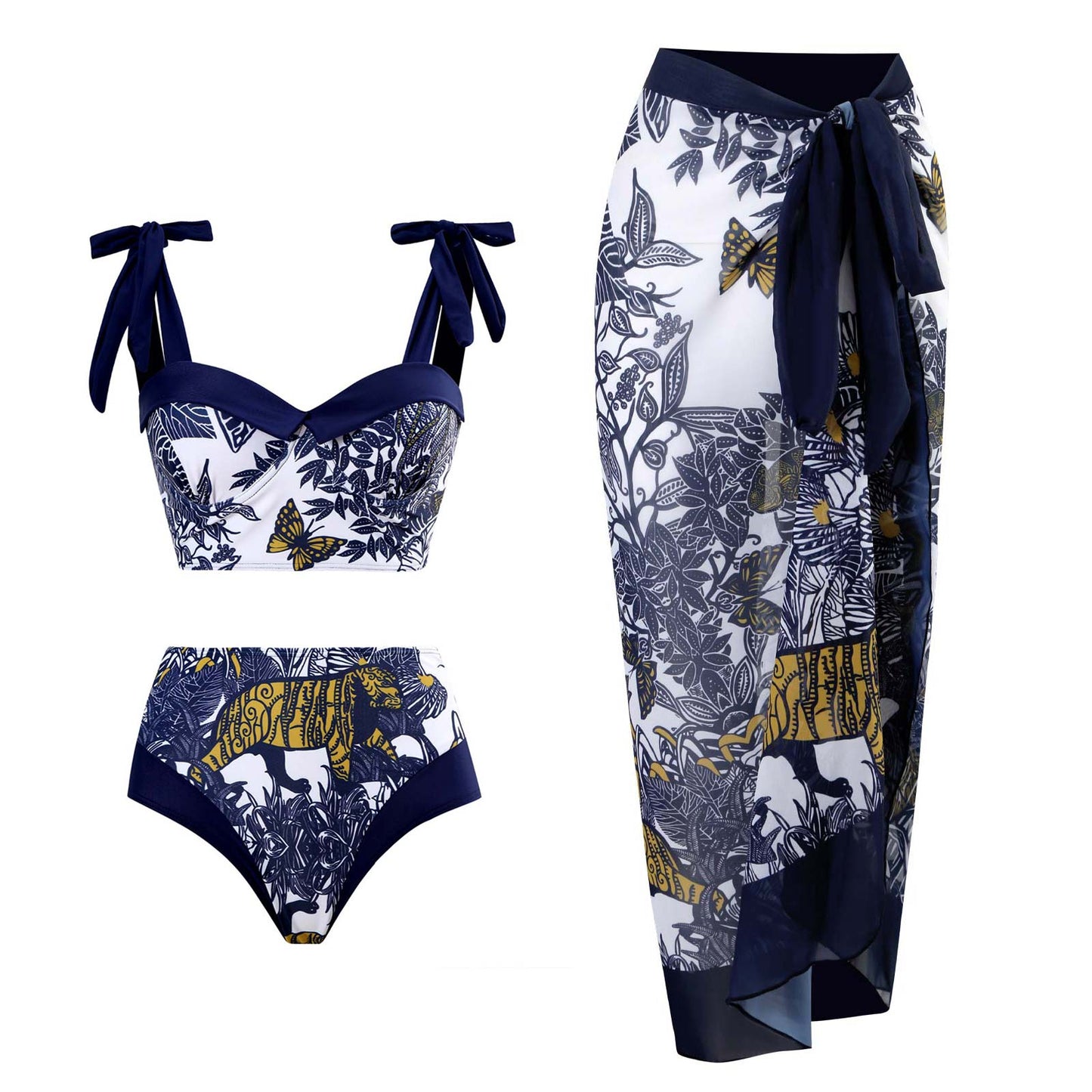 Navy and white bikini set with butterfly and tiger design on a white background