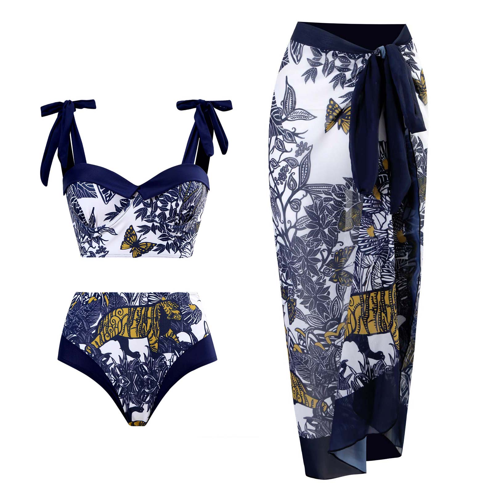 Navy and white bikini set with butterfly and tiger design on a white background