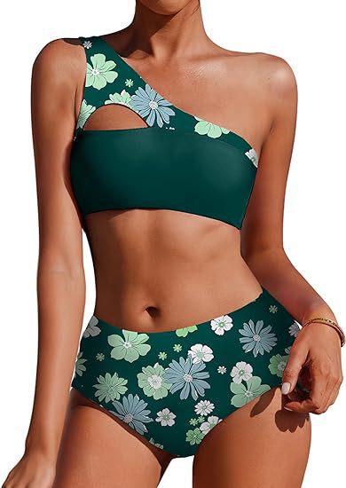 Two-piece high-waisted bikini with single-shoulder top in fragmented floral print.