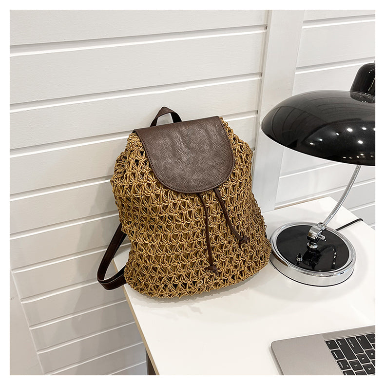 Brown woven backpack in a kitchen setting sold at PeachyBeanz