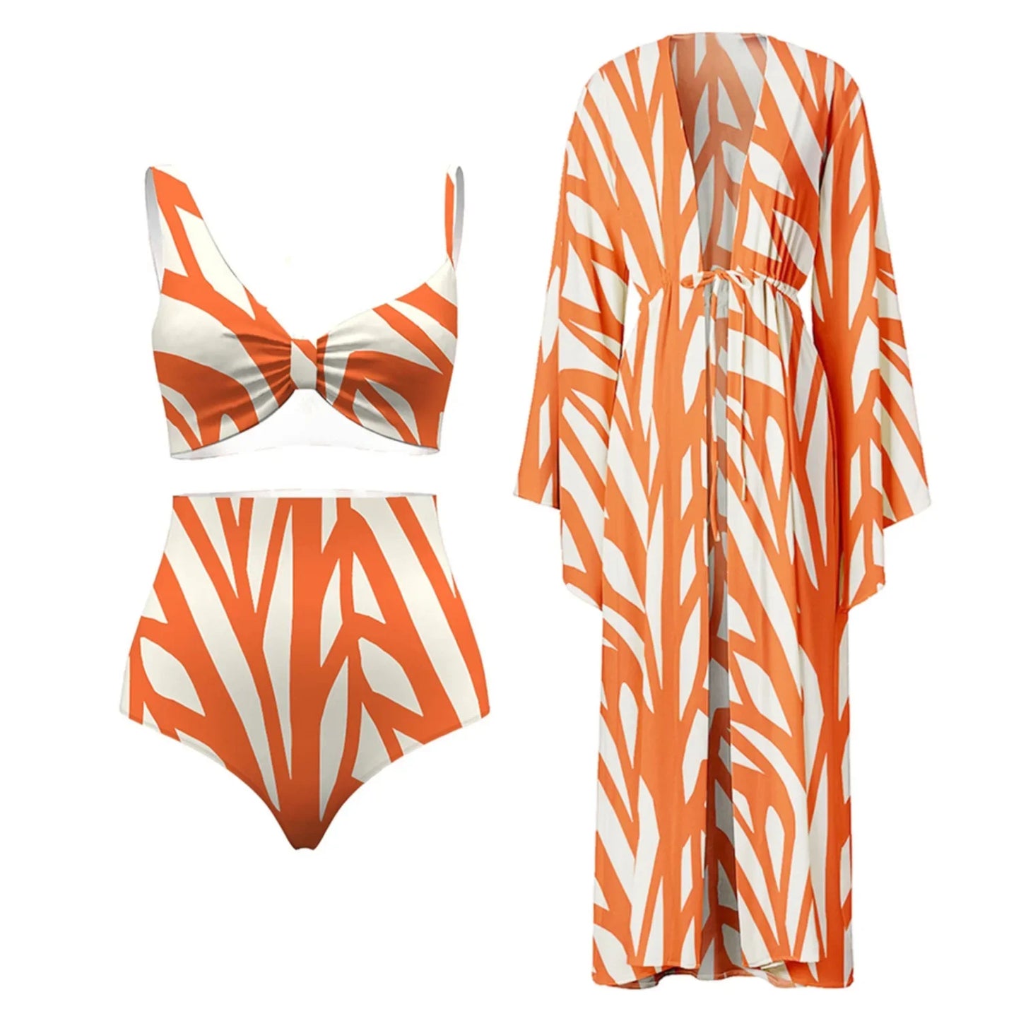Orange Cream Stripe Printed Beachwear
