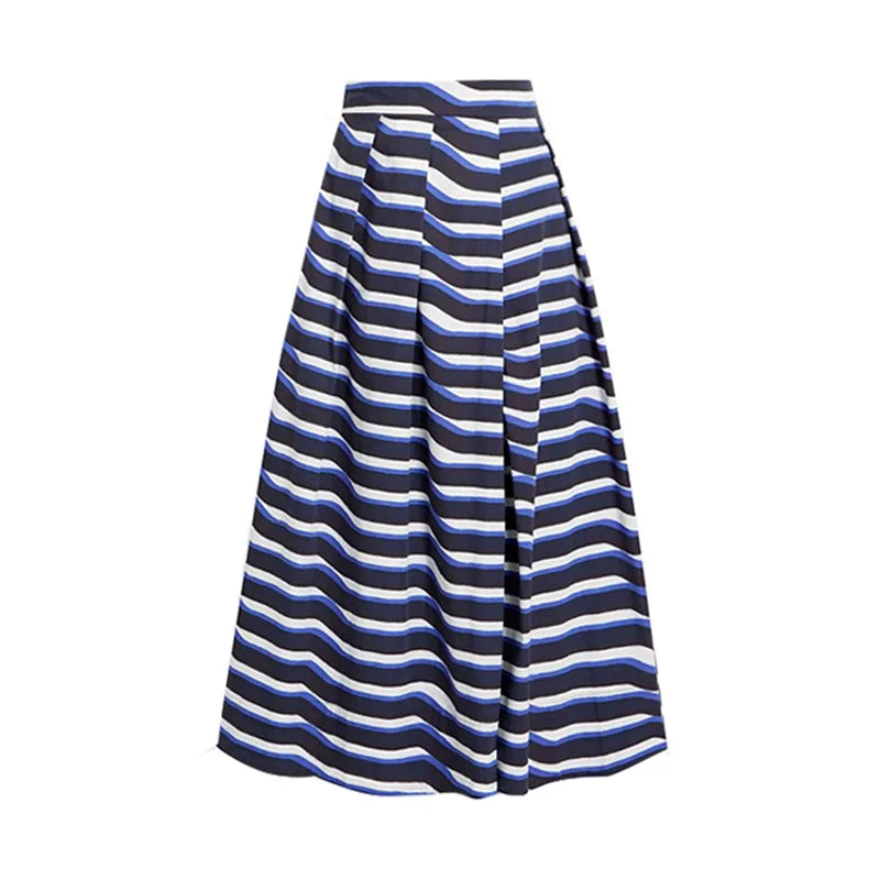 Blue striped skirt cover-up against a white background.