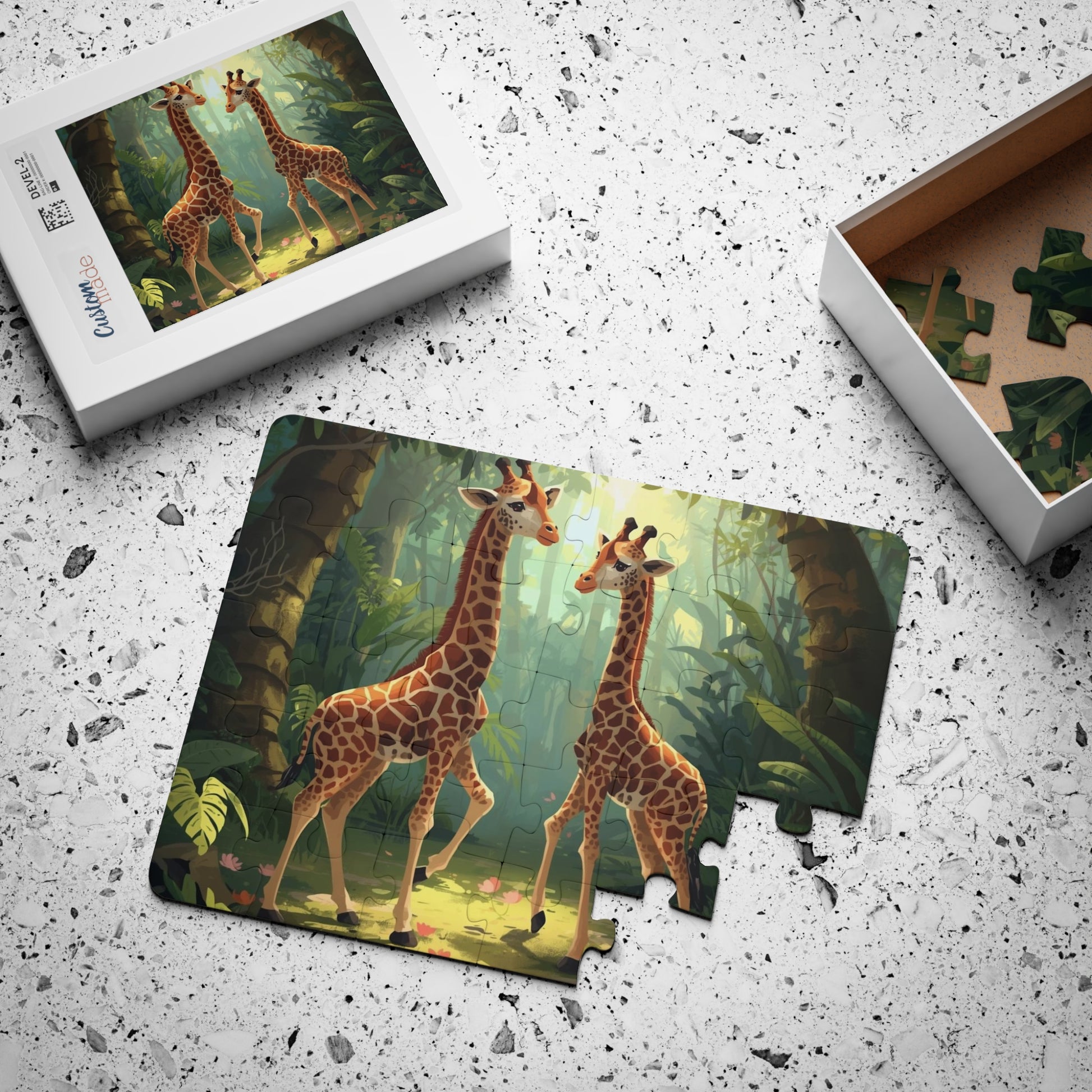 Jigsaw puzzle with giraffe design on a textured surface
