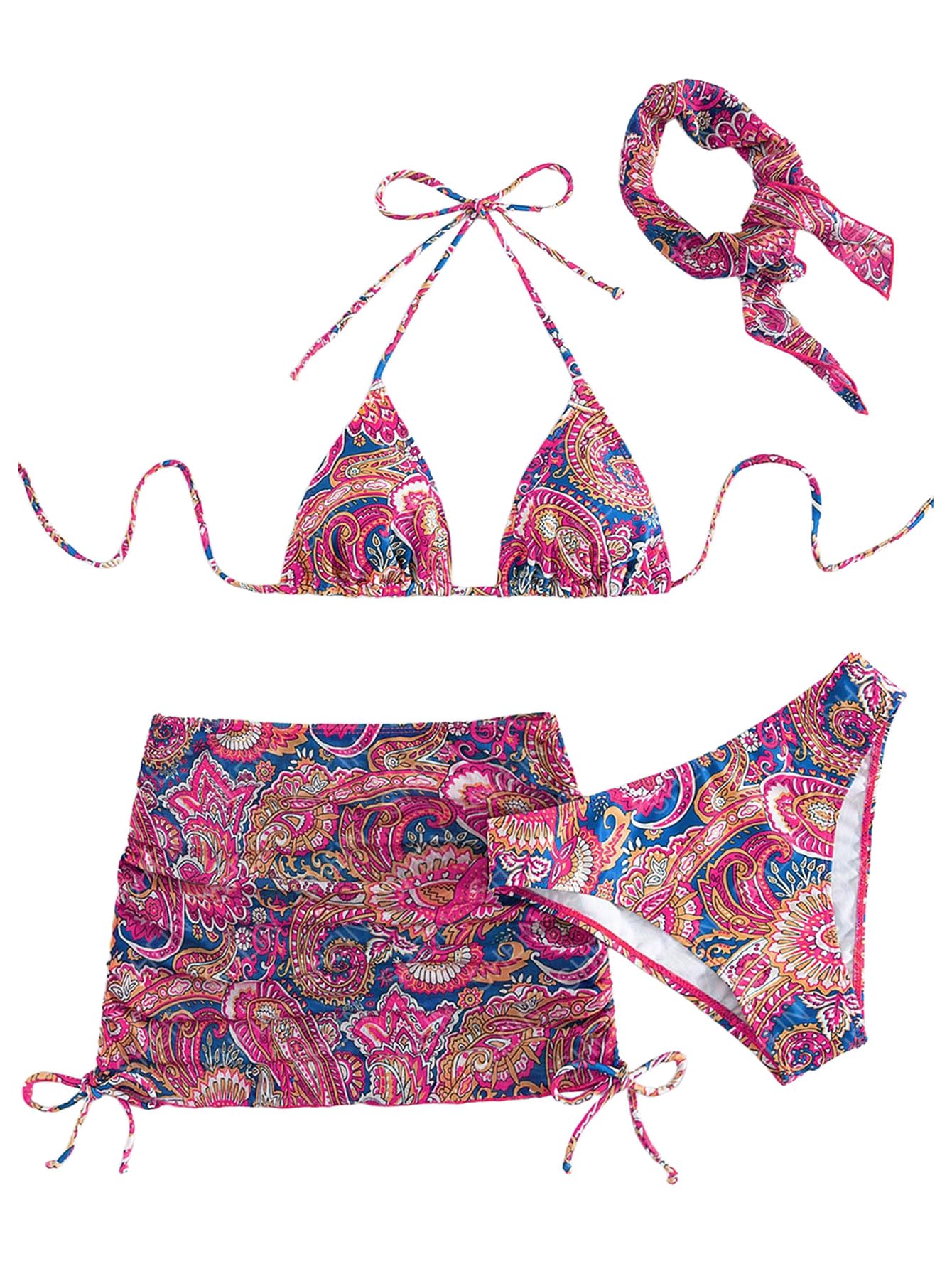 Colorful paisley-patterned bikini set with matching headscarf on a white background