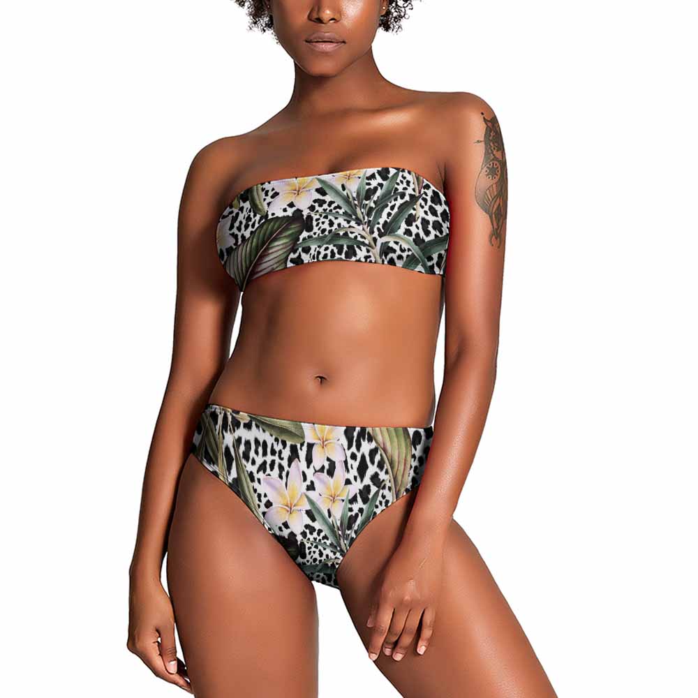 Woman wearing a floral two-piece.
