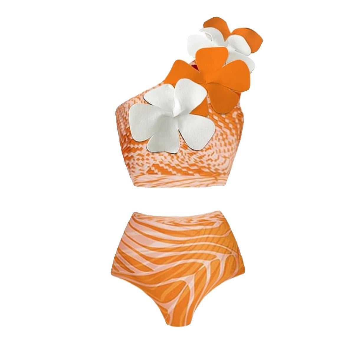 Orange 3D printed flower bikini set with matching skirt coverup.
