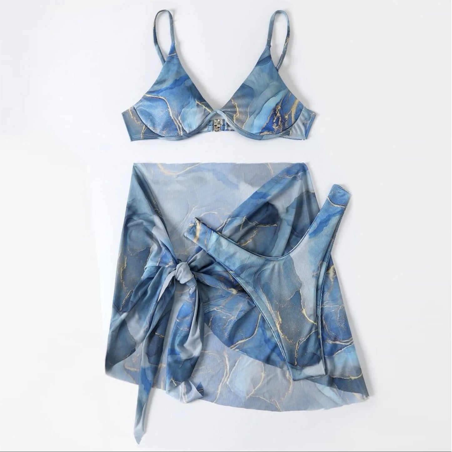 Marble print three‑piece bikini with triangle top, high‑waist bottoms, and matching cover
