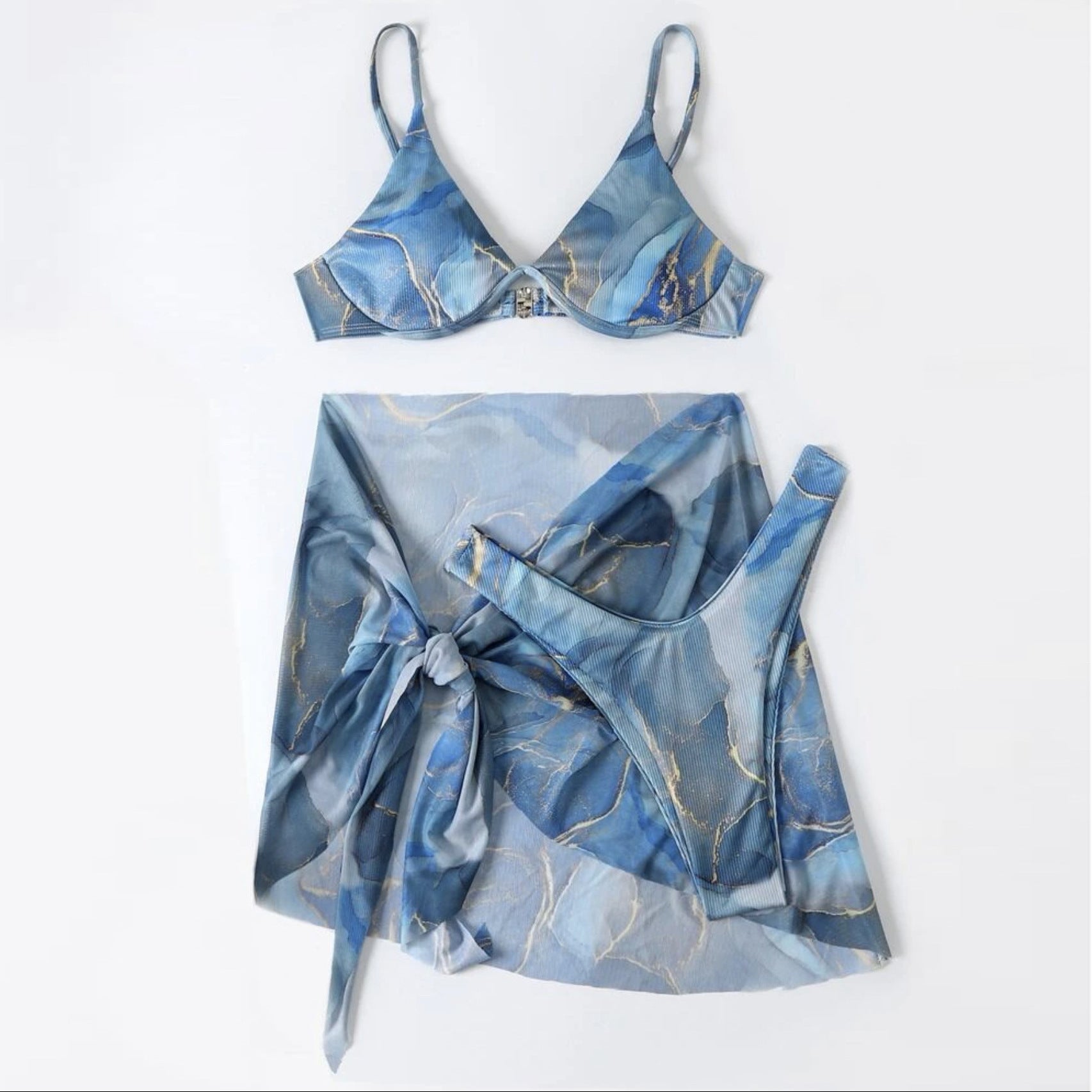 Marble print three‑piece bikini with triangle top, high‑waist bottoms, and matching cover