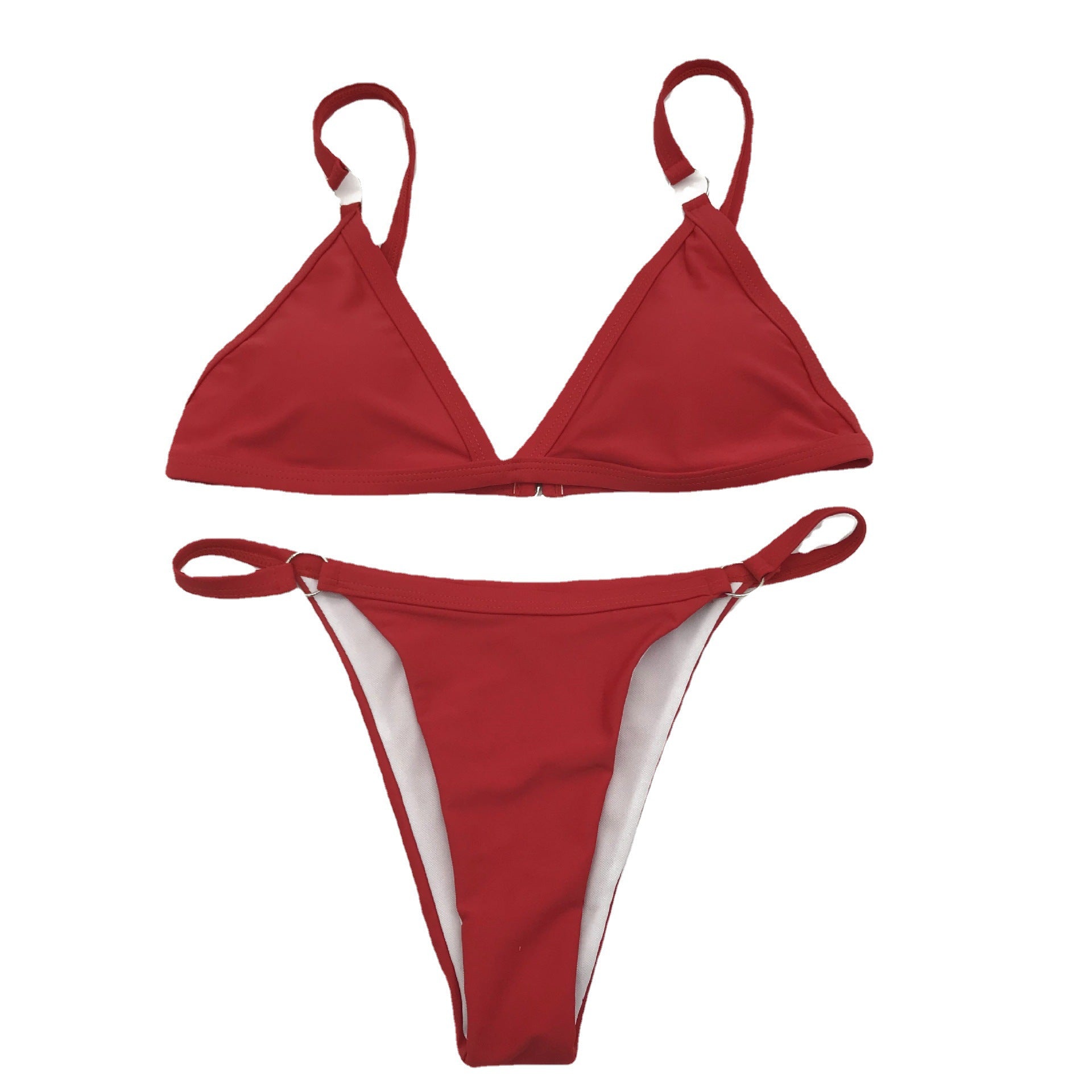 Solid color two‑piece triangle bikini set displayed on a white background.
