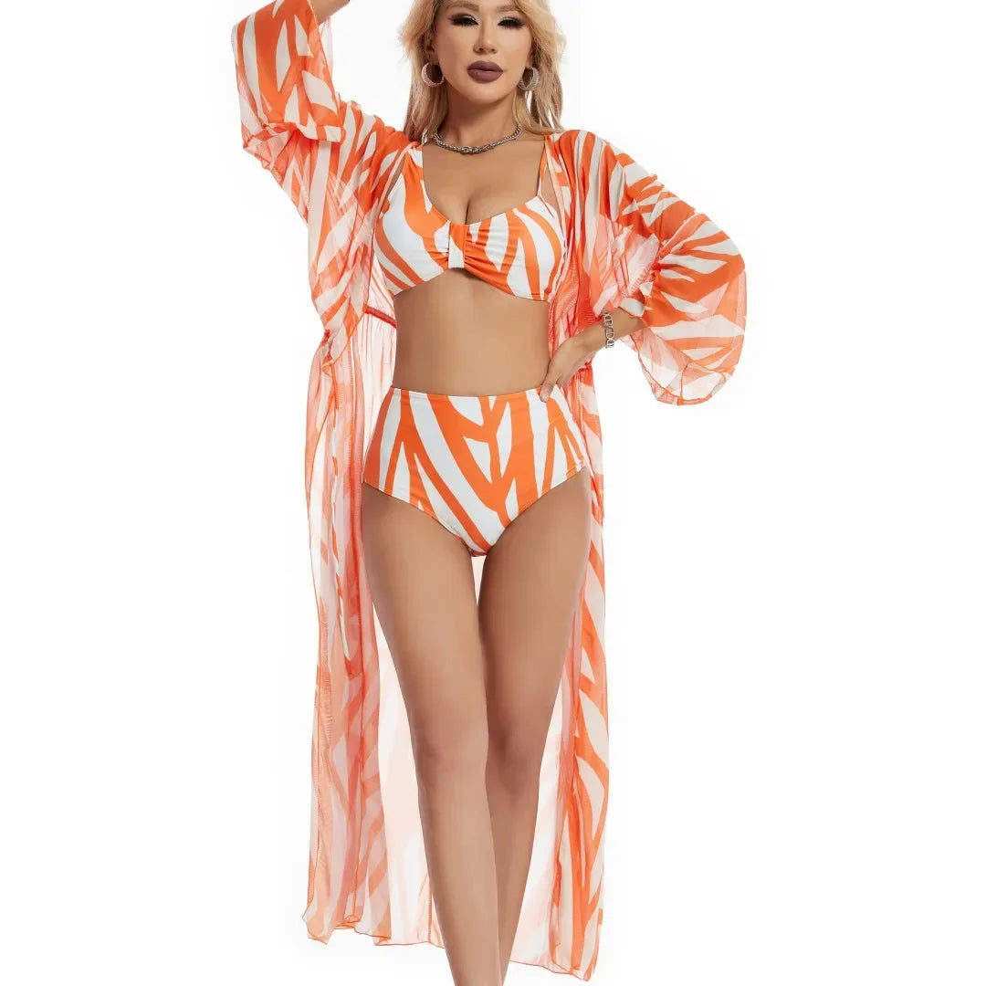 Orange Cream Stripe Printed Beachwear