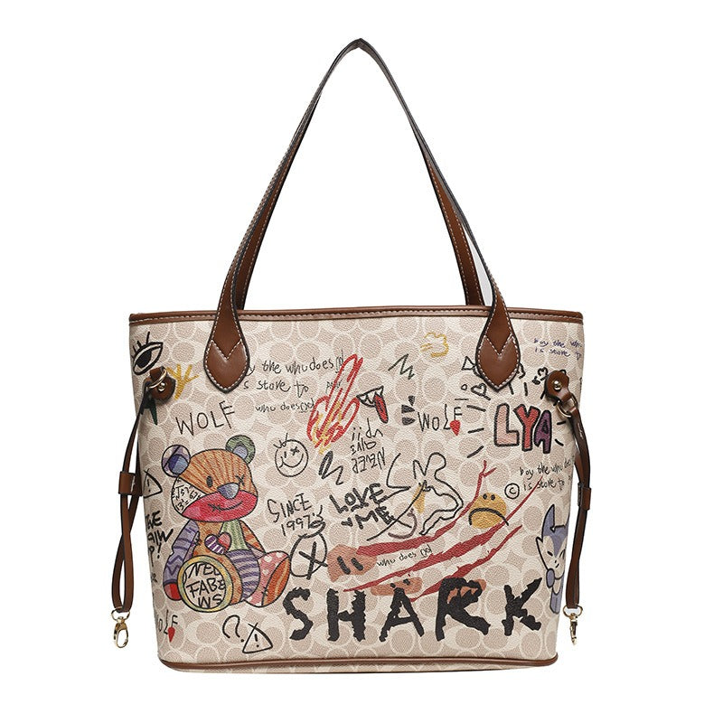 Women's Cartoon Bear Soft Leather Graffiti Tote Bag Large Shoulder Handbag