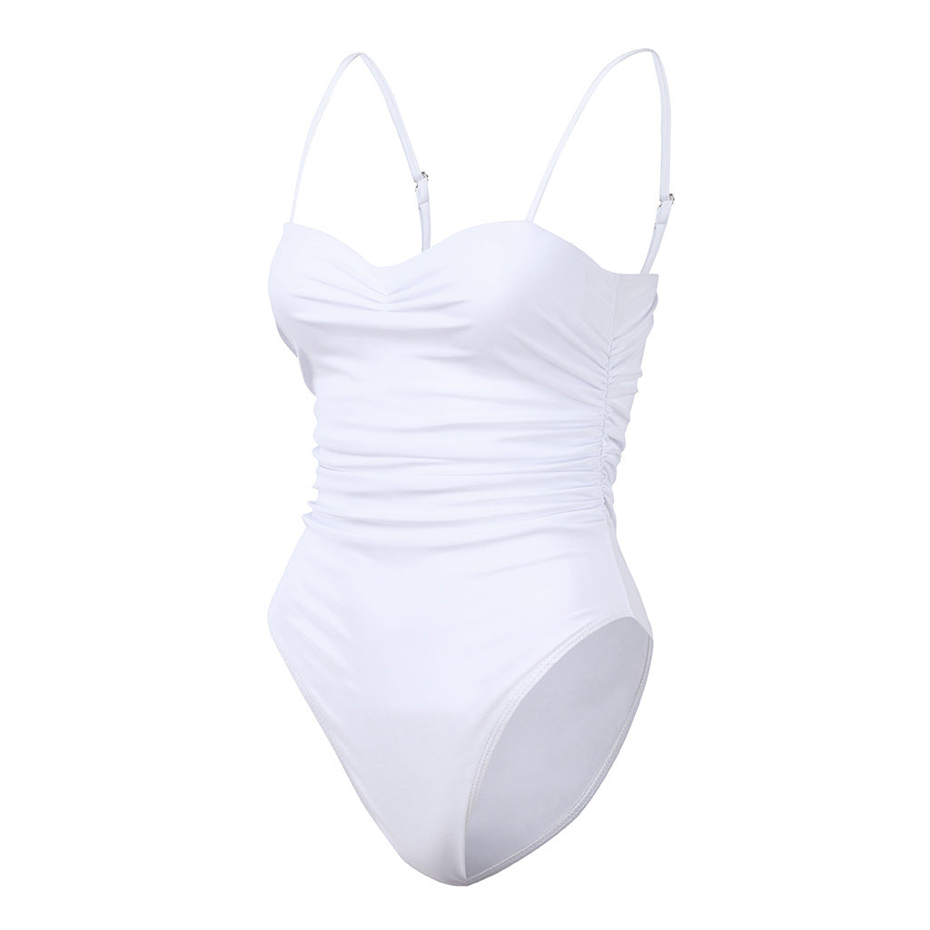 Beach Girly one‑piece scrunch front swimsuit in solid and colorful prints; flattering gathered front, available in S–L, $28.99, multiple color variants.
