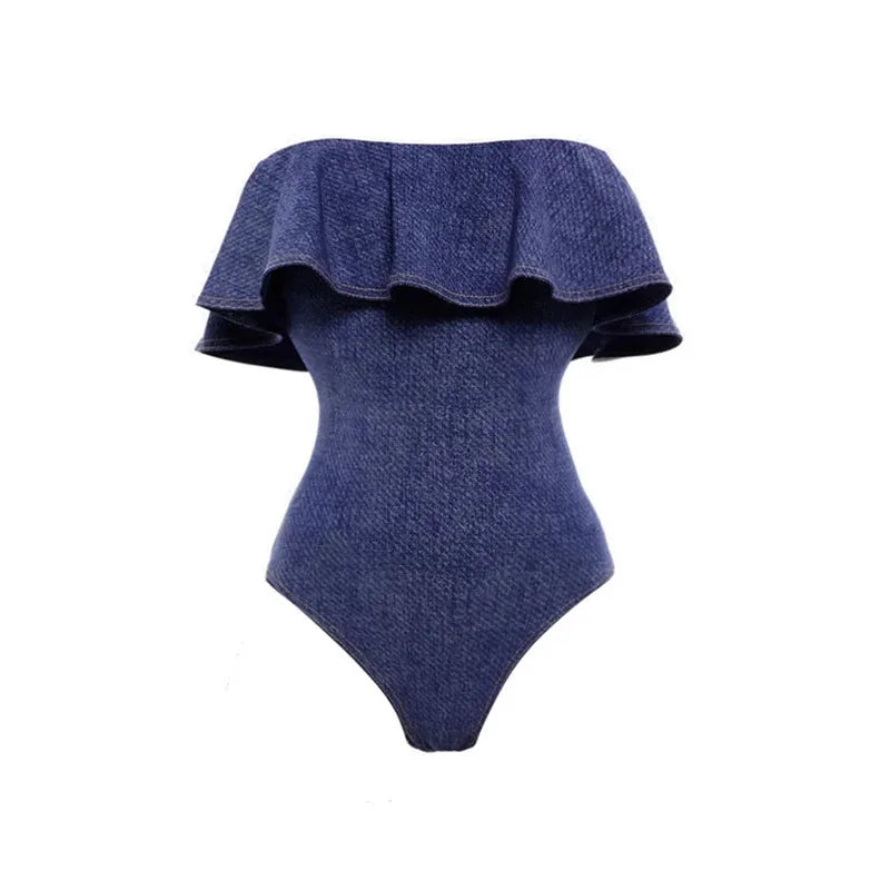 Blue swimsuit against a white background.