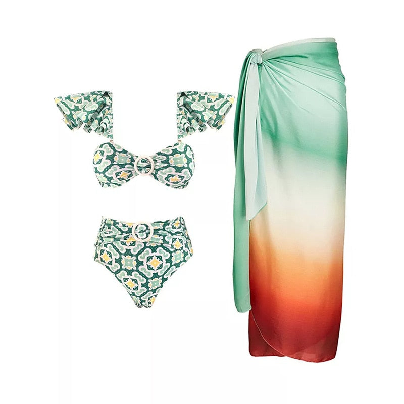 Beautiful two-piece bikini set with a printed design on a white background