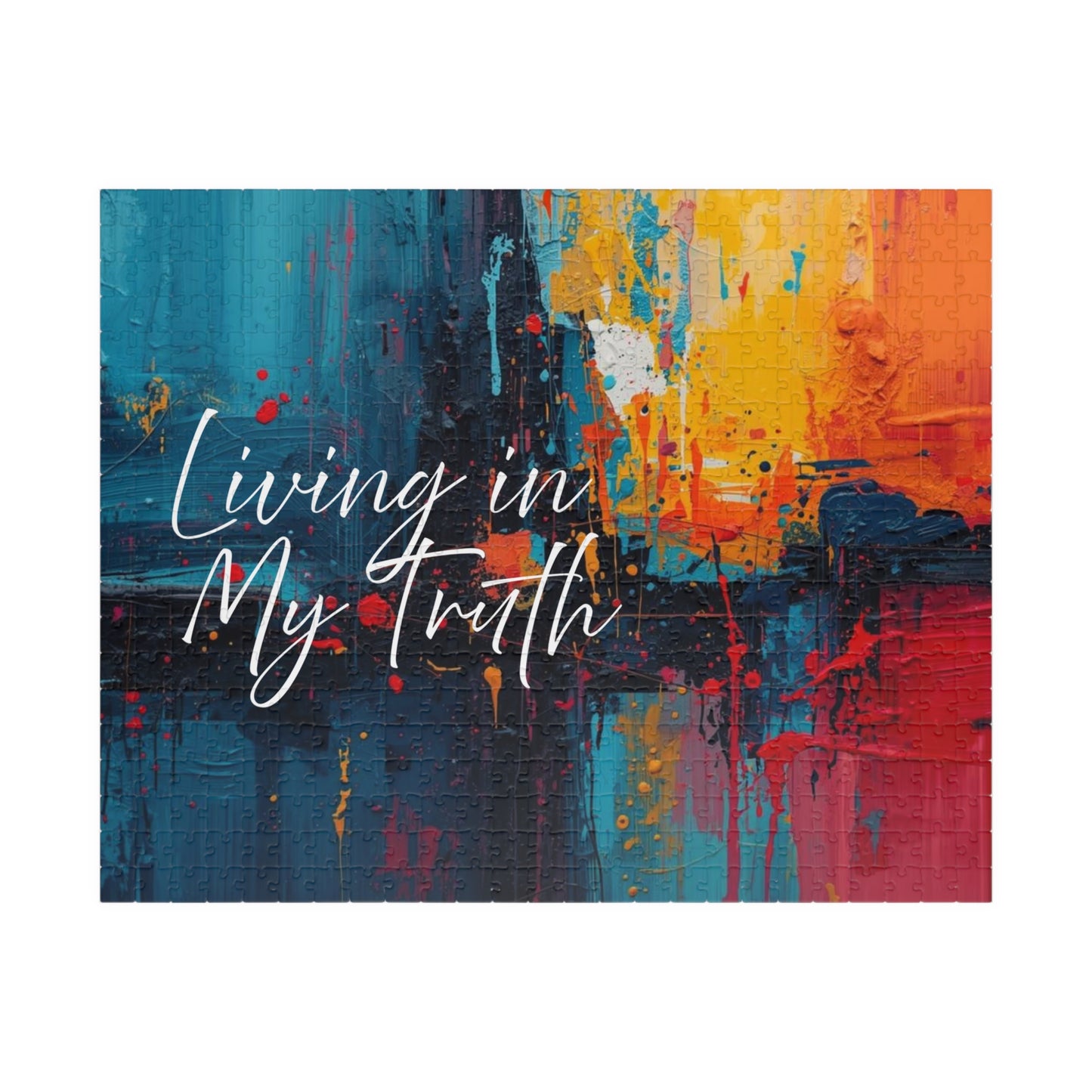 Colorful abstract painting with 'Living in My Truth' text